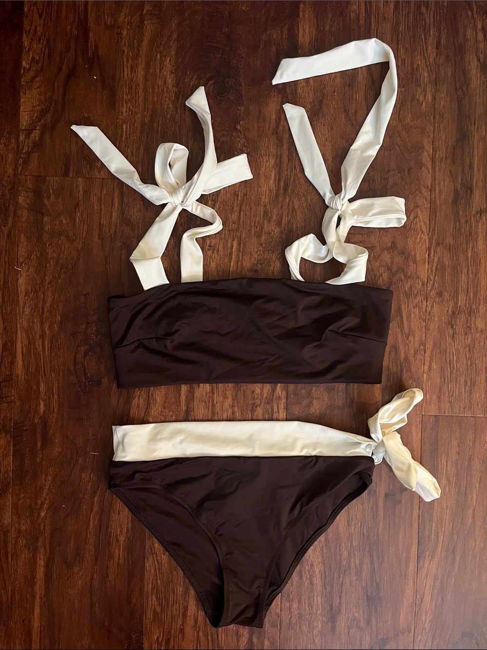 H&M Brown Bikini Set with White Tie Straps